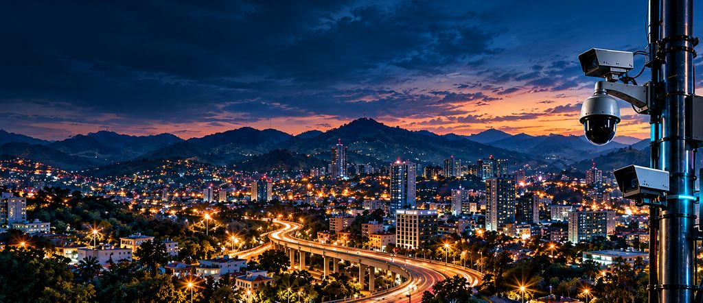 City skyline at dusk with a connected camera tower in the foreground