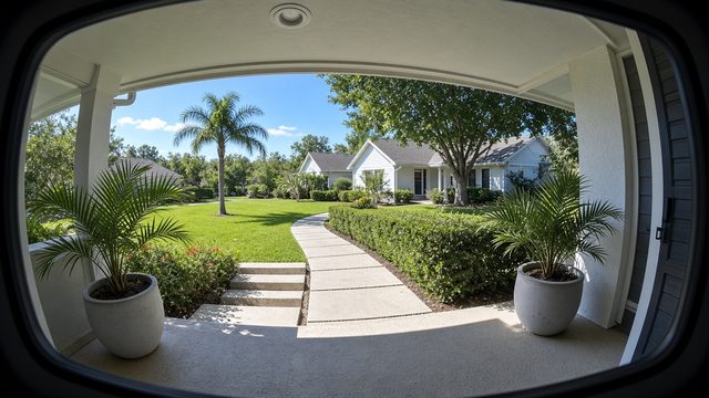 Demo doorbell camera view of a sunny front porch and walkway