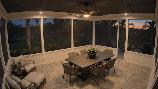 Demo dusk camera view of a screened lanai patio