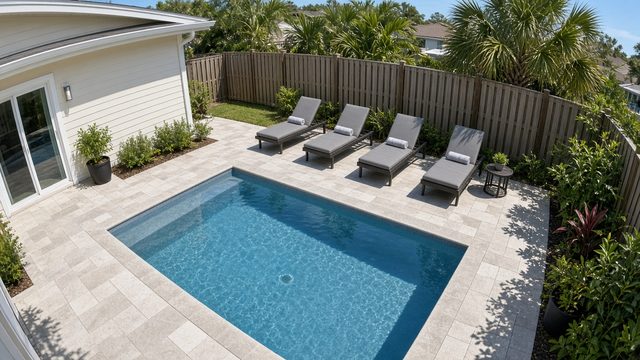 Demo camera view of a backyard pool deck with lounge chairs