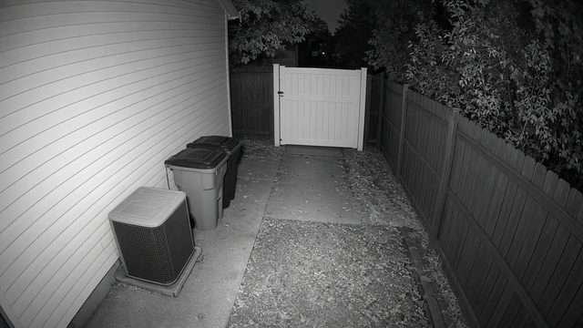 Demo night-vision camera view of a side yard and gate